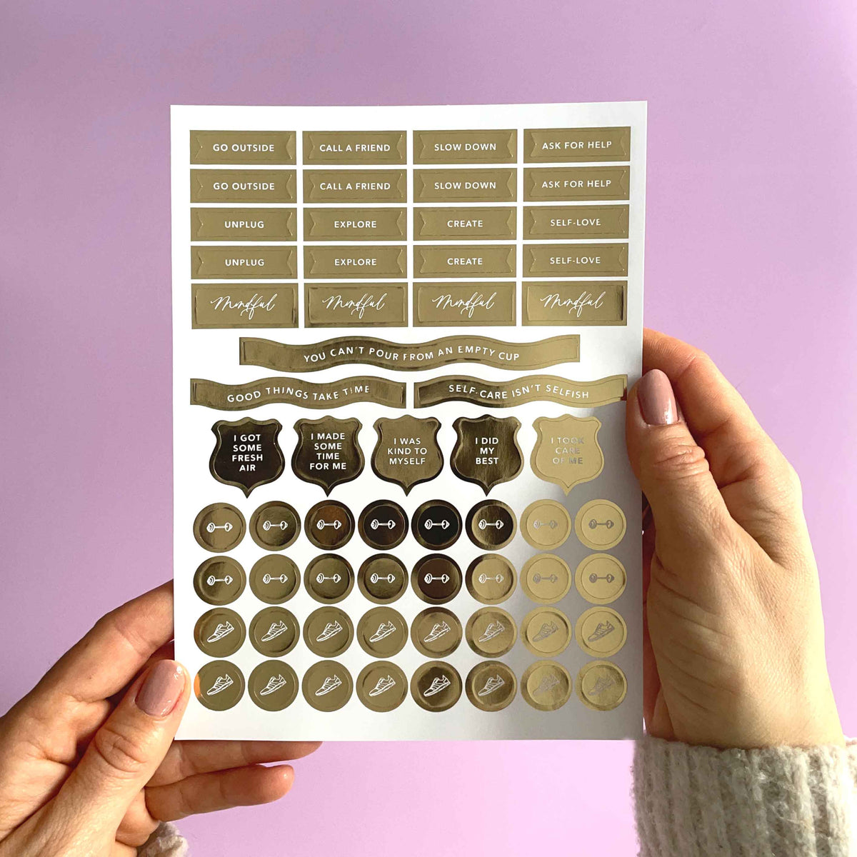 Self-Care Planner Stickers — Gold Foil | 3 Sheets