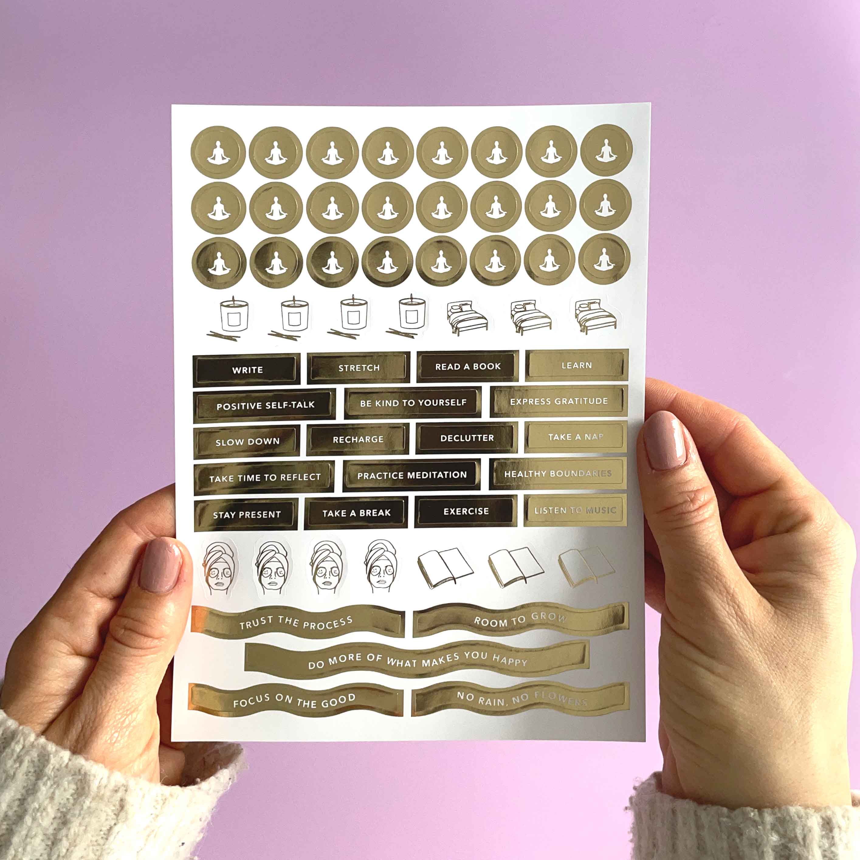 Self-Care Planner Stickers — Gold Foil | 3 Sheets