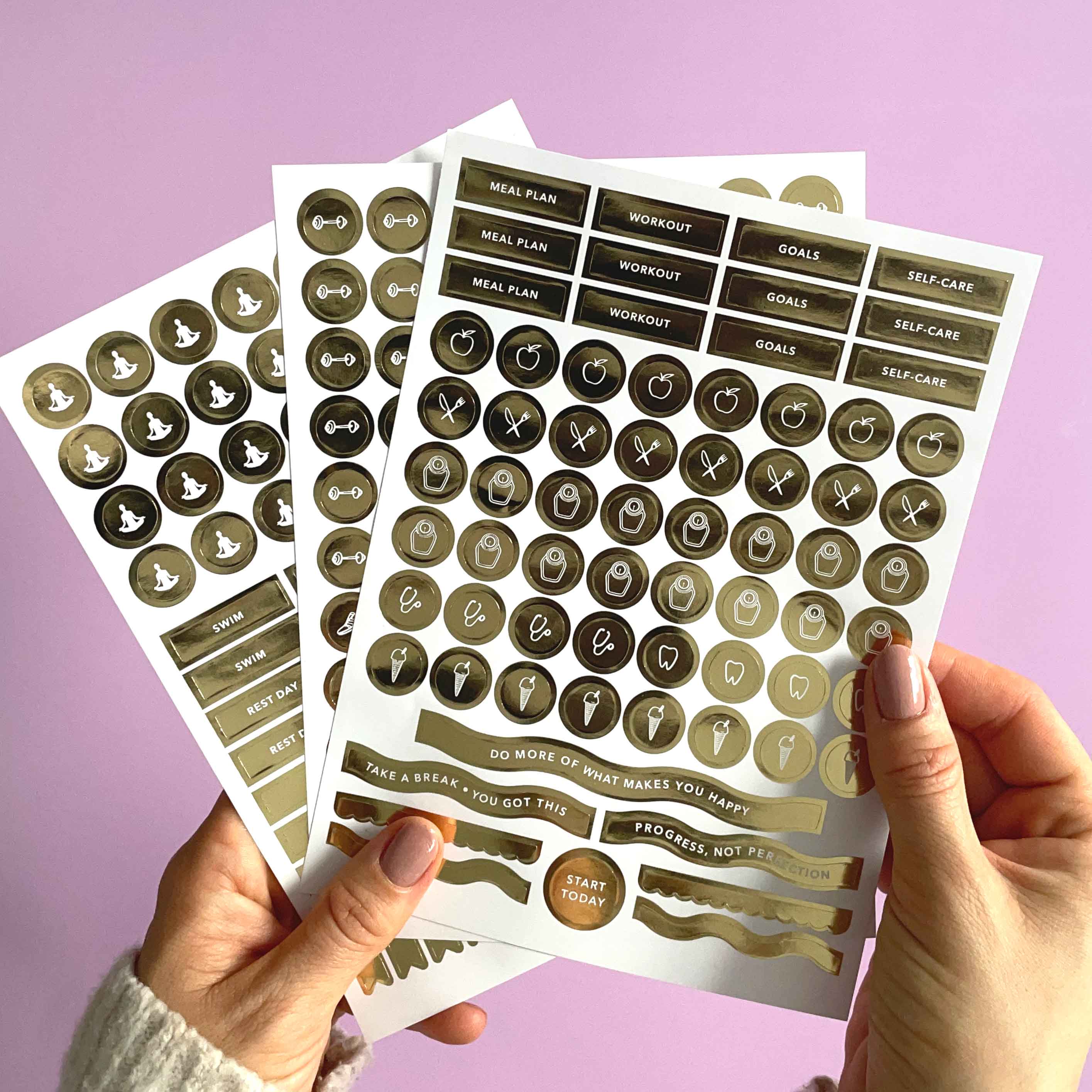 Fitness Planner Stickers — Gold Foil | 3 Sheets