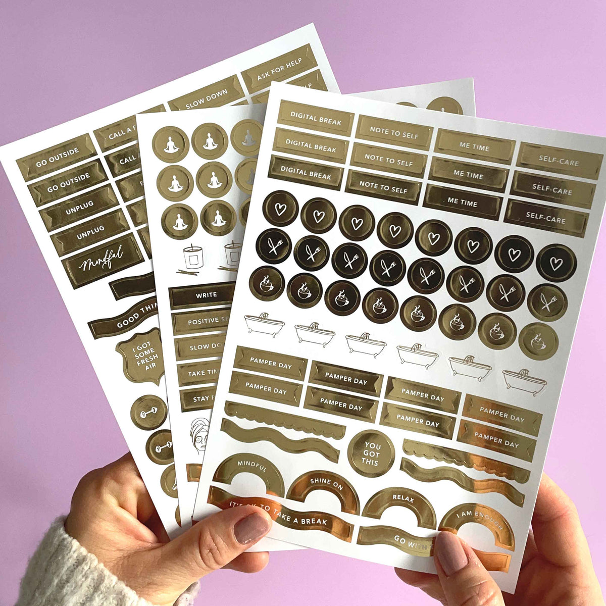 Self-Care Planner Stickers — Gold Foil | 3 Sheets